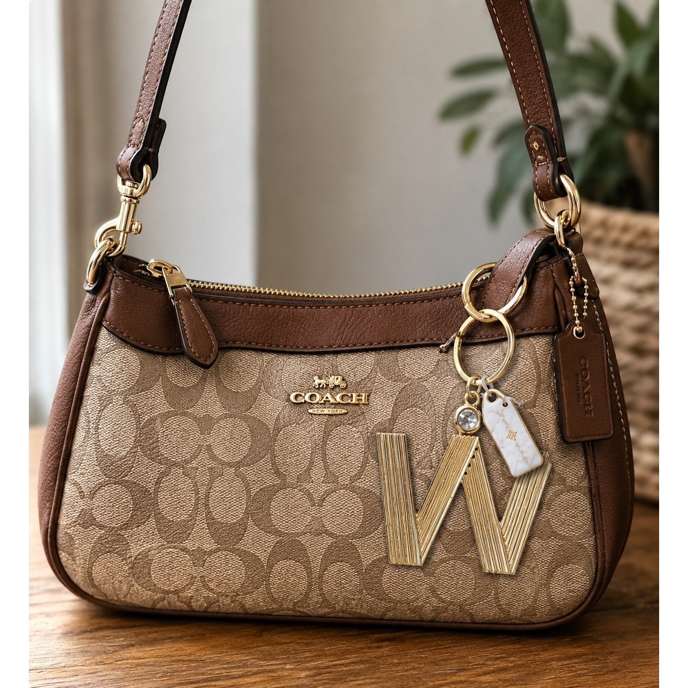 Jane Marie Gold Initial W Keychain Bag Charm Ribbed Metal Crystal Accent NWT